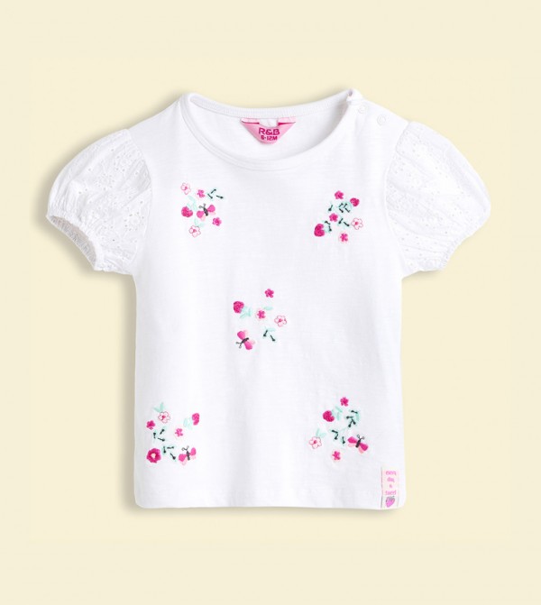 Embroidered Top with Round Neck and Puff Sleeves
