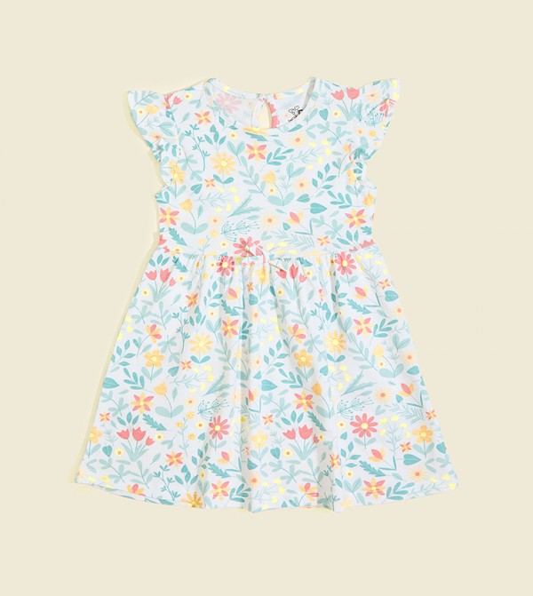 Floral Printed Flared Dress with Ruffle Sleeves