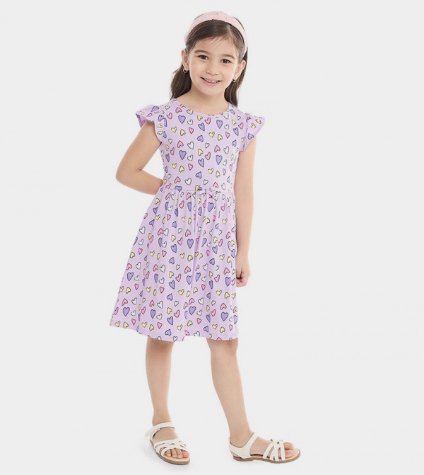 Heart Print Fit and Flare Dress with Crew Neck and Flutter Sleeves