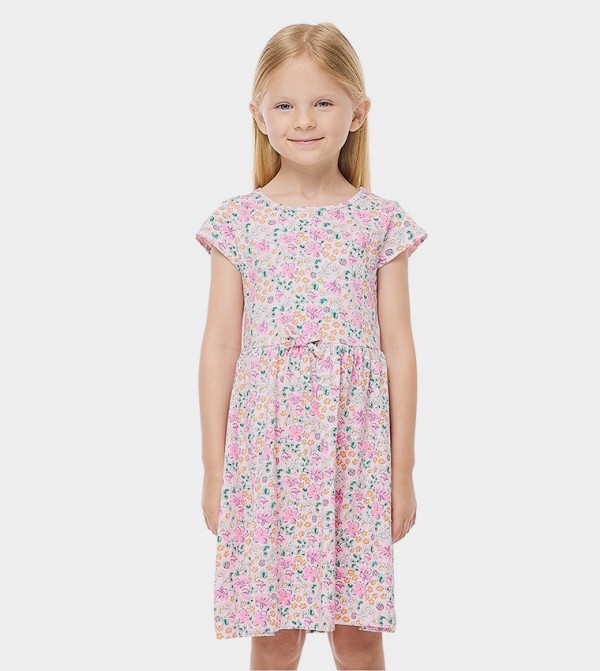 Floral Printed Flared Dress with Crew Neck and Short Sleeves