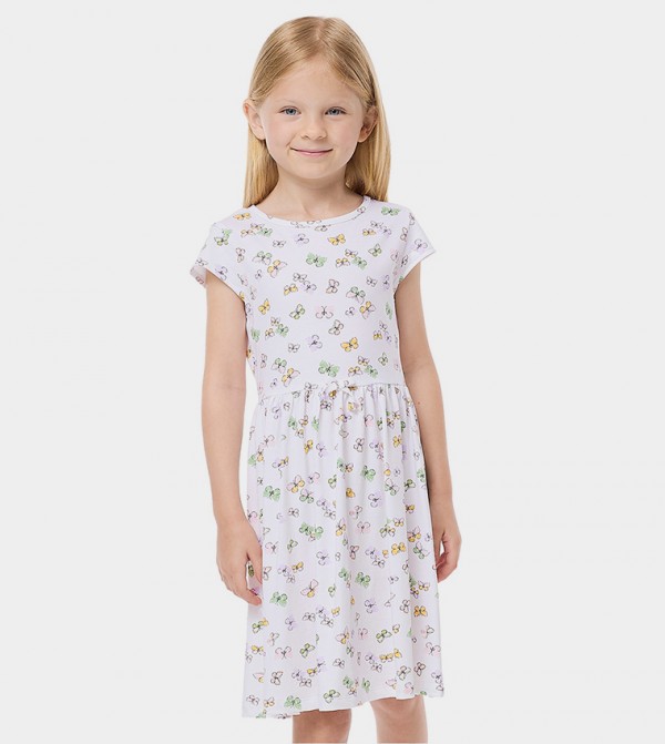 Printed Flared Dress with Crew Neck and Short Sleeves