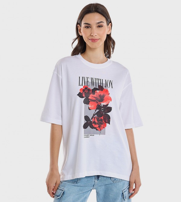 Graphic Print Oversized T-Shirt with Crew Neck
