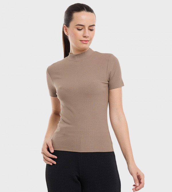 Ribbed Top with Mock Neck and Short Sleeves