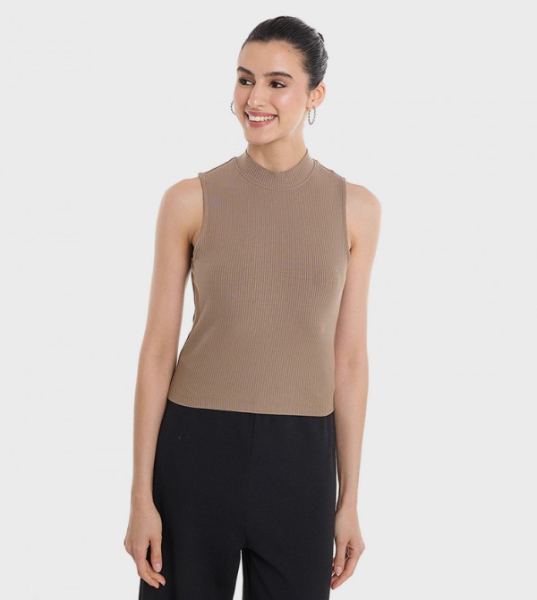 Ribbed Sleeveless Top with Mock Neck