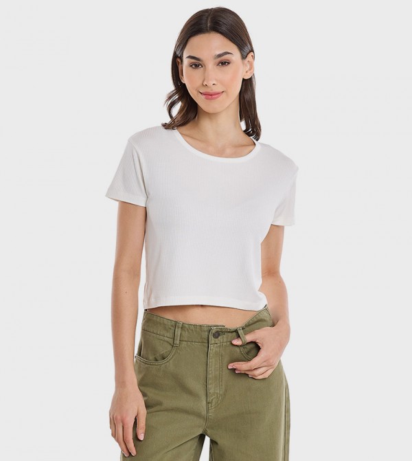 Ribbed Top with Round Neck and Short Sleeves