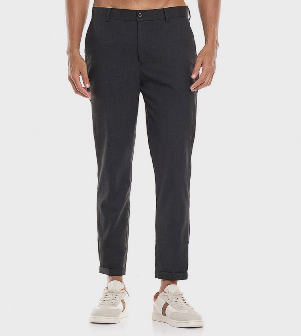 Solid Cropped Trousers with Button Closure