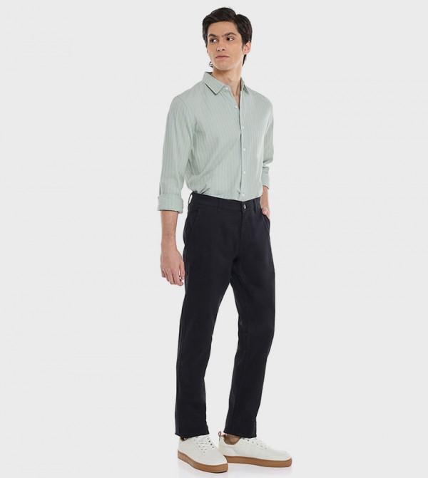 Solid Slim Fit Trousers with Button Closure