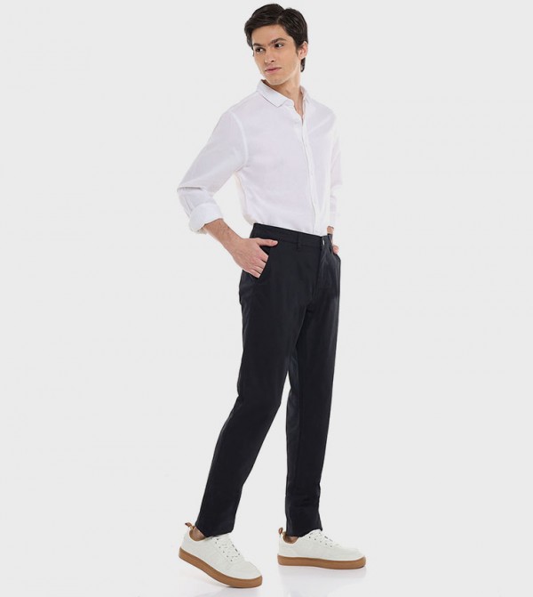 Solid Slim Fit Trousers with Button Closure