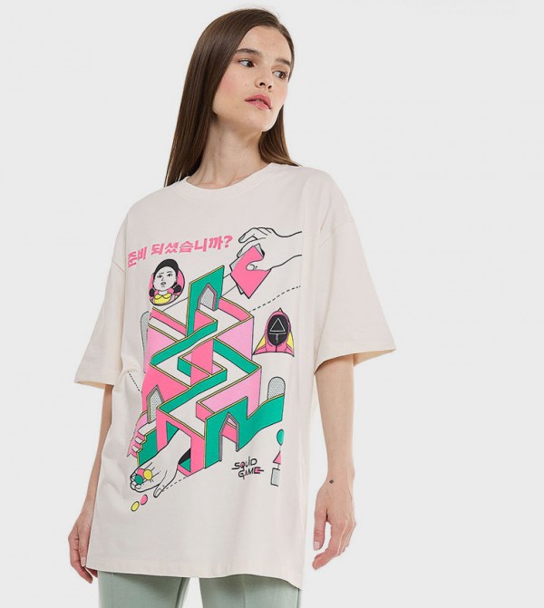 Graphic Print Oversized T-Shirt with Crew Neck and Short Sleeves