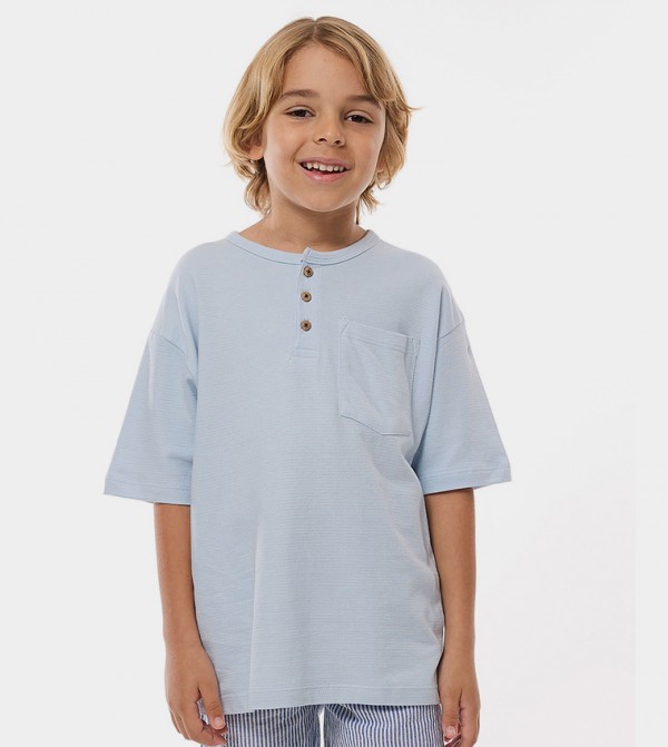 Textured T-Shirt With Henley Neck And Short Sleeves