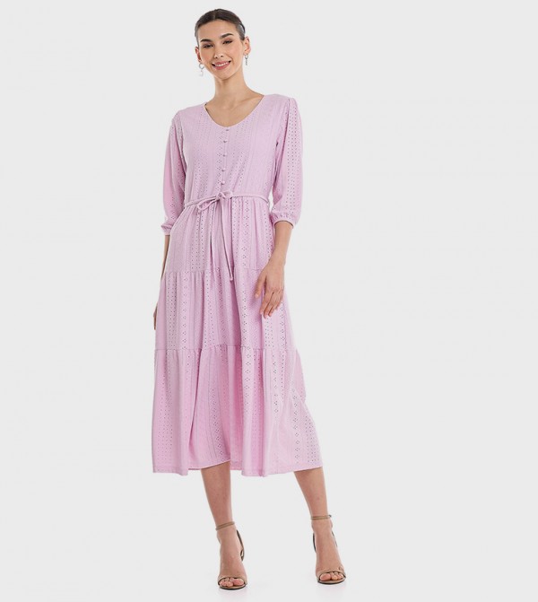 Knitted Tiered Dress with V-Neck and 3/4 Sleeves