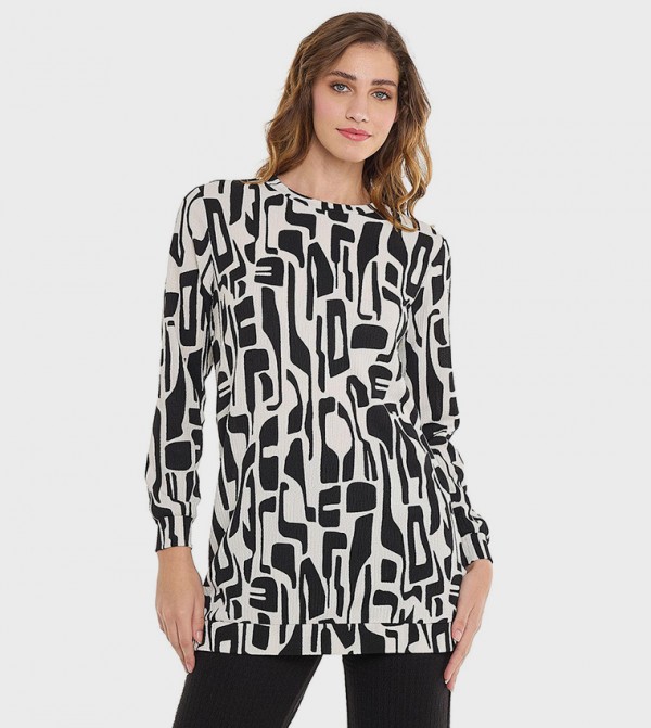 Patterned Tunic with Crew Neck and Long Sleeves