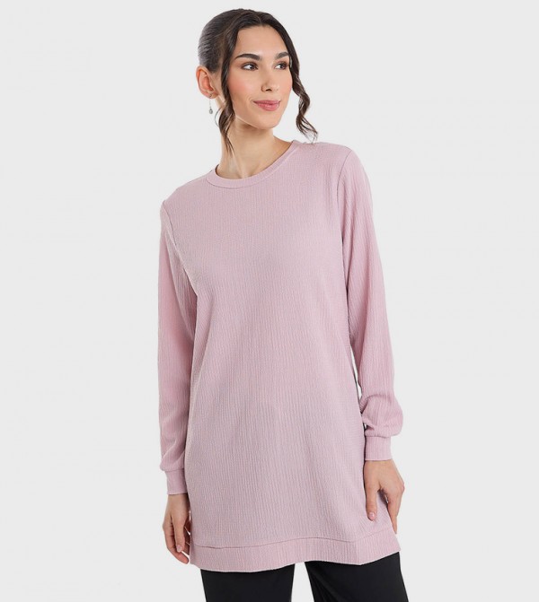 Solid Tunic with Crew Neck and Long Sleeves