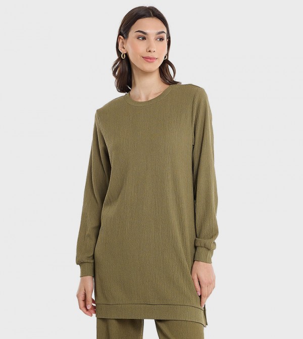 Solid Tunic with Crew Neck and Long Sleeves