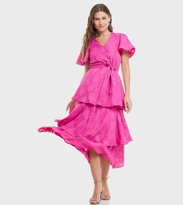 Self Design V-Neck Flared Sleeves Layered Dress