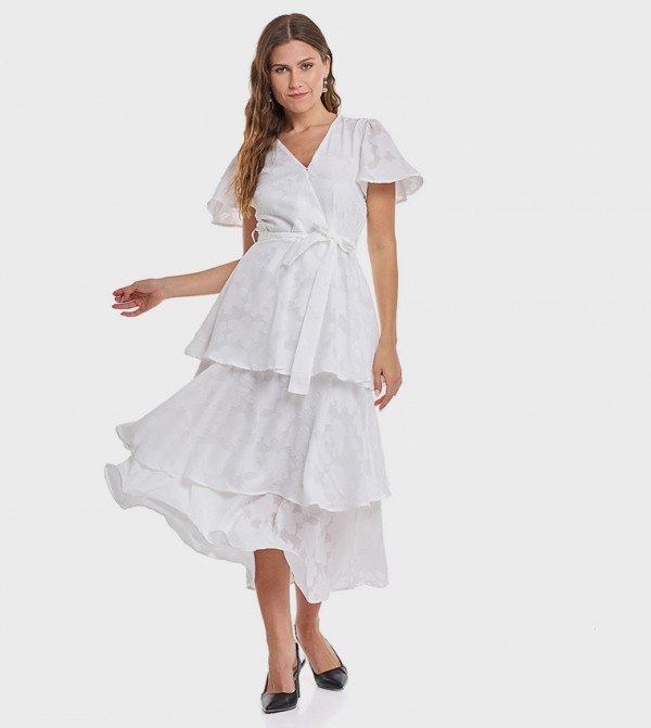Self Design V-Neck Flared Sleeves Layered Dress