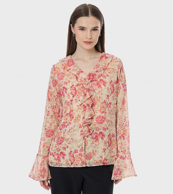 Floral Print Top with V-Neck and Flounce Sleeves