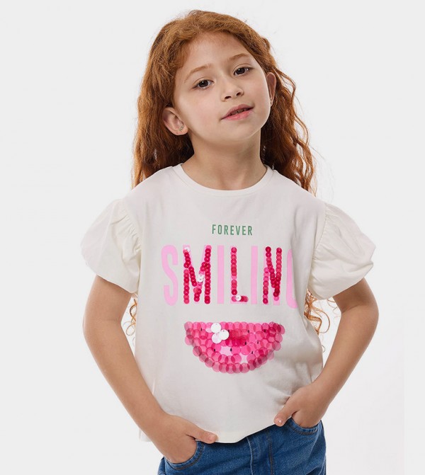 Sequined T-Shirt with Crew Neck and Short Sleeves