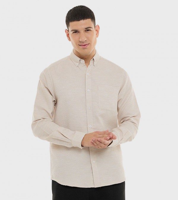 Textured Shirt with Button-Down Collar and Long Sleeves