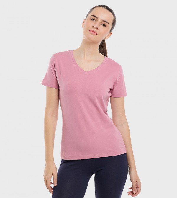 Solid T-Shirt with V-Neck and Short Sleeves