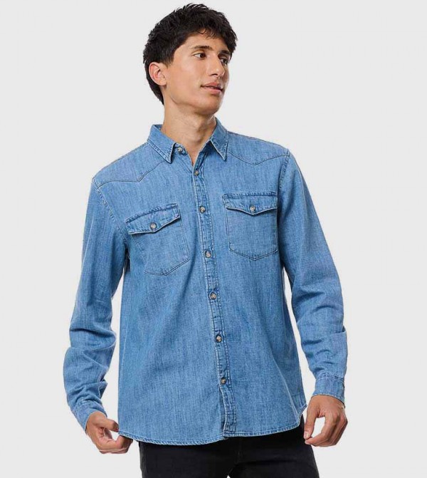 Washed Denim Shirt with Classic Collar and Long Sleeves