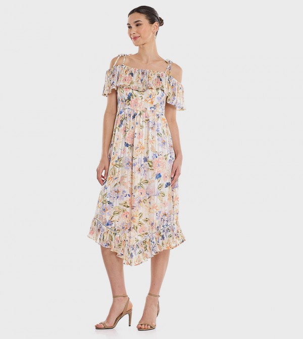 Floral Print Off Shoulder Asymmetric Dress