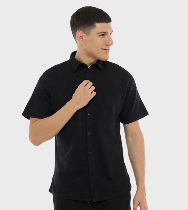Textured Shirt with Classic Collar and Short Sleeves
