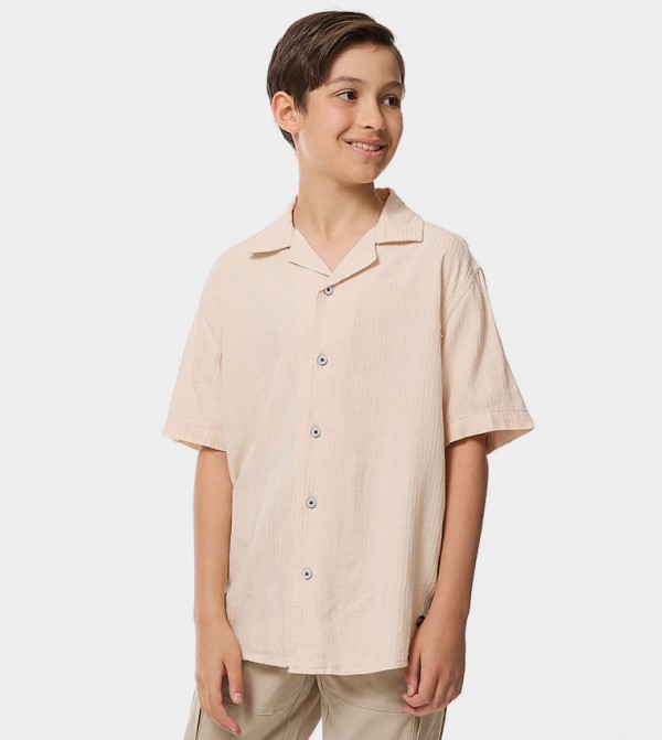 Textured Shirt with Revere Collar and Short Sleeves