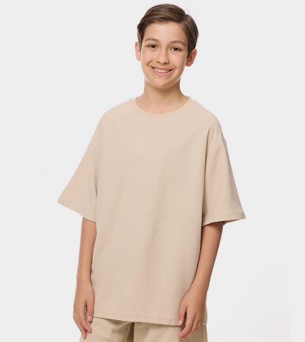 Textured Oversized T-Shirt with Crew Neck and Short Sleeves