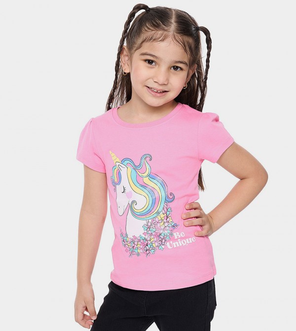 Printed Top with Crew Neck and Puff Sleeves