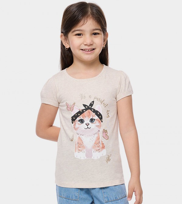 Printed Top with Crew Neck and Puff Sleeves