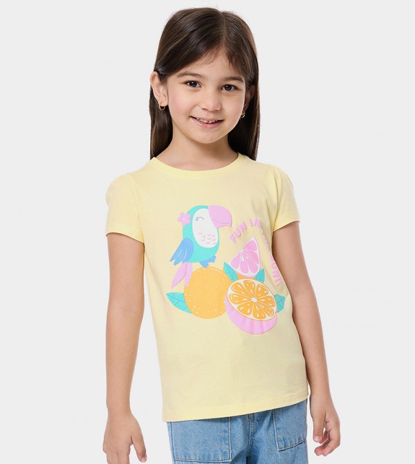 Printed Top with Crew Neck and Puff Sleeves
