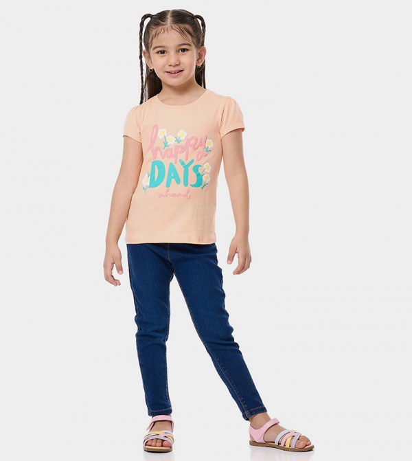 Printed Top with Crew Neck and Puff Sleeves