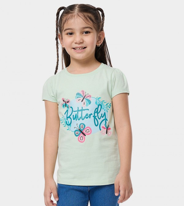 Printed Top with Crew Neck and Puff Sleeves