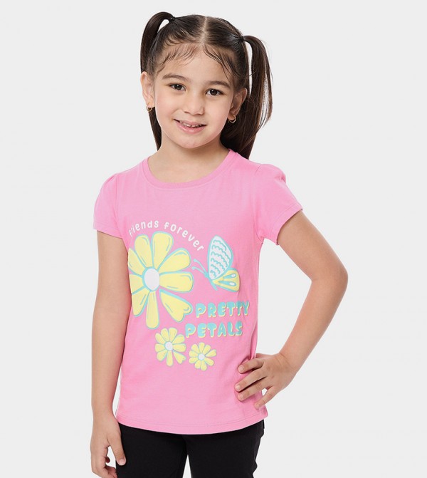 Printed Top with Crew Neck and Puff Sleeves