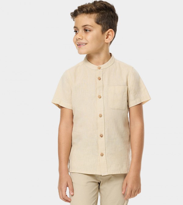 Pocket Detail Shirt with Mandarin Collar and Short Sleeves