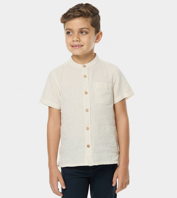 Pocket Detail Shirt with Mandarin Collar and Short Sleeves