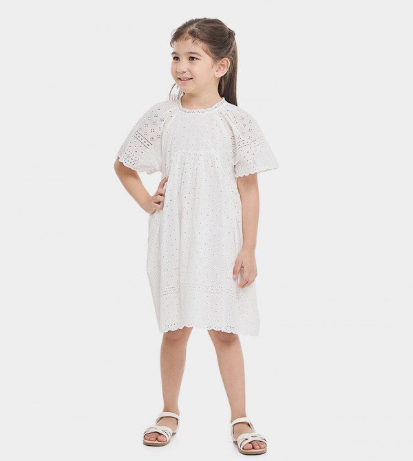 Schiffli A-Line Dress with Crew Neck and Flared Sleeves