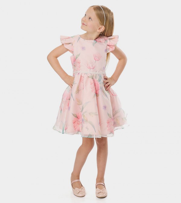 Printed Fit and Flare Dress with Crew Neck and Flutter Sleeves
