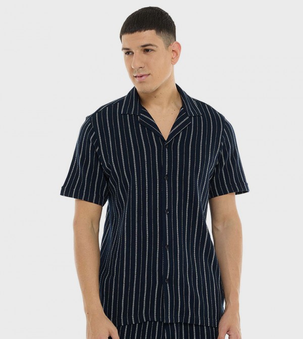 Striped Shirt with Revere Collar and Short Sleeves