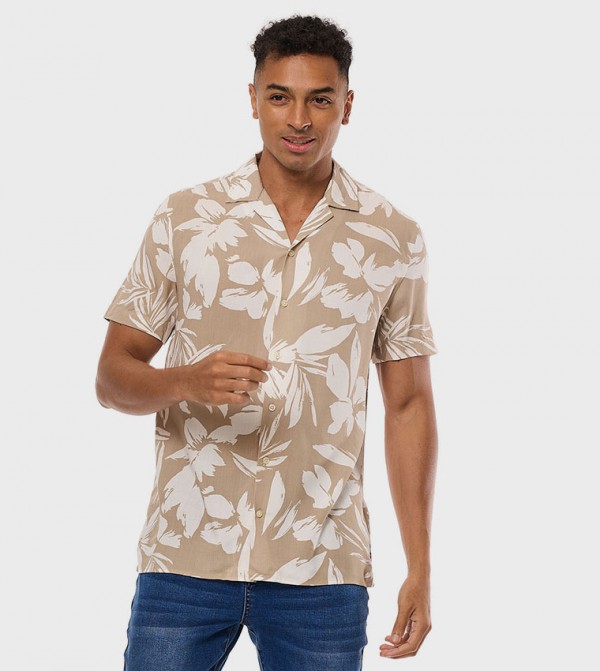 Floral Print Shirt with Revere Collar and Short Sleeves