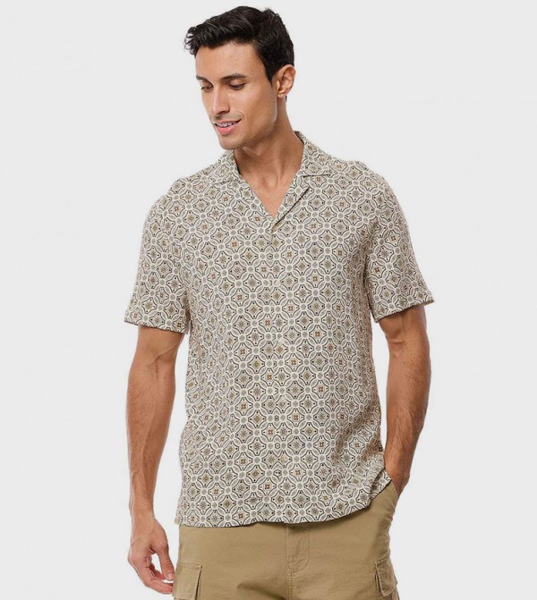 Patterned Shirt with Revere Collar and Short Sleeves