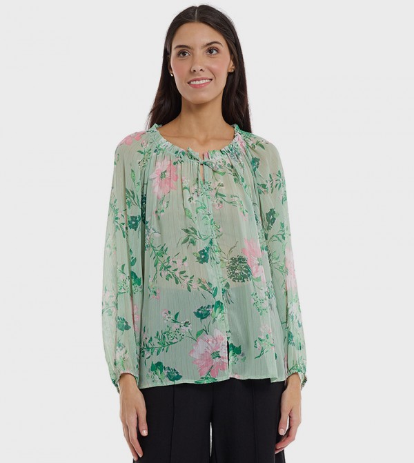 Floral Print Top with Round Neck and Puff Sleeves