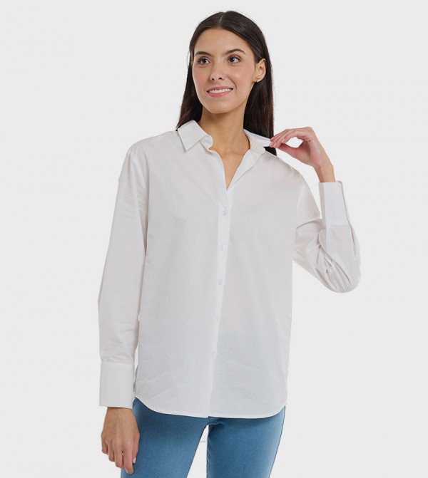 Solid Shirt with Spread Collar and Long Sleeves