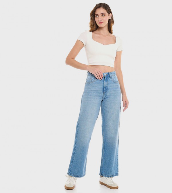 Faded Wide Leg Jeans with Button Closure