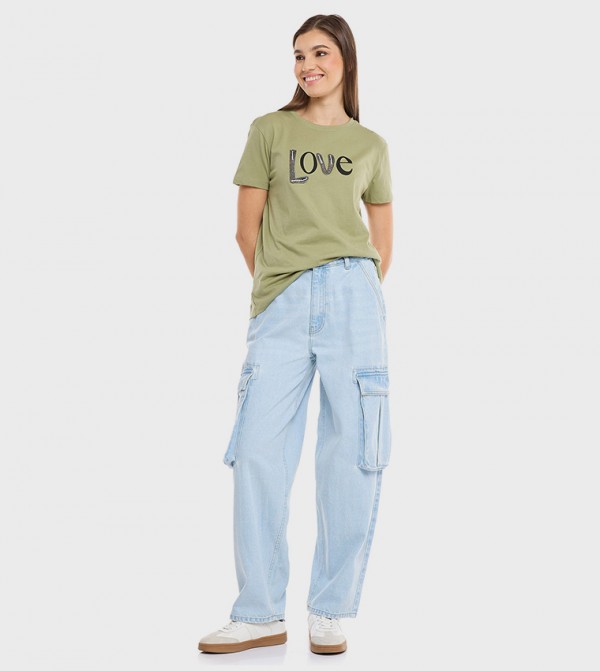 Faded Cargo Jeans with Button Closure