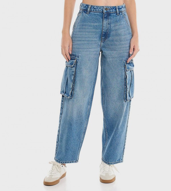 Faded Cargo Jeans with Button Closure