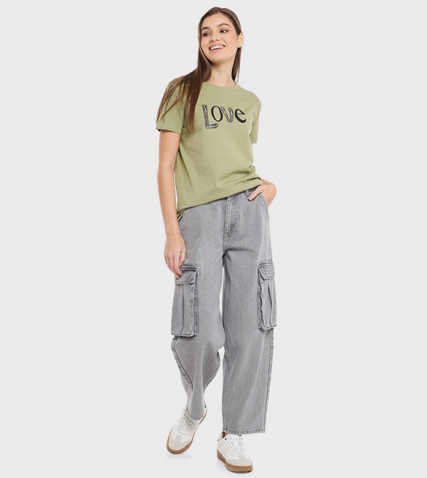 Washed Cargo Jeans with Button Closure
