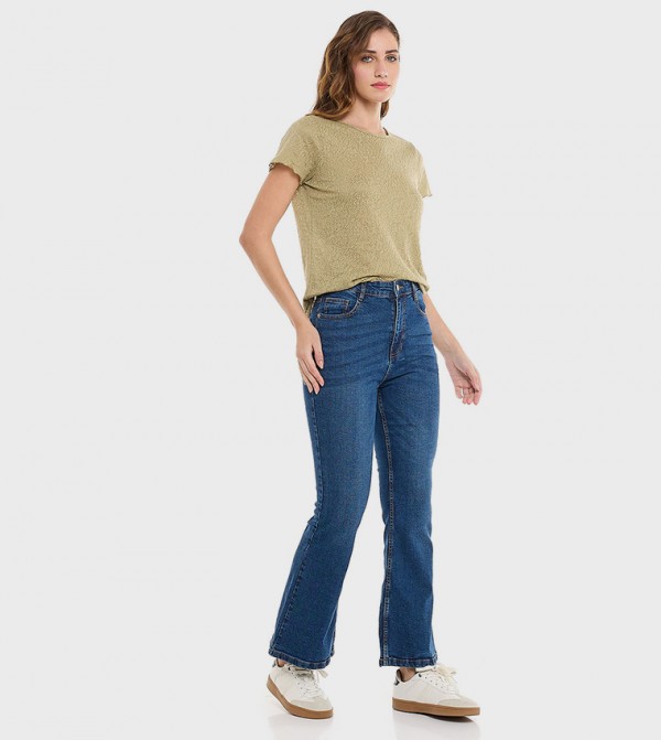 Faded Flared Jeans with Button Closure