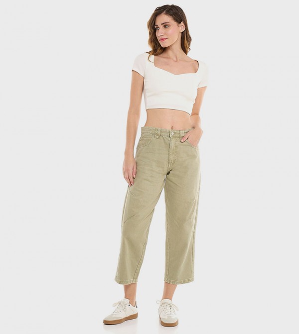 Solid Cropped Jeans with Button Closure